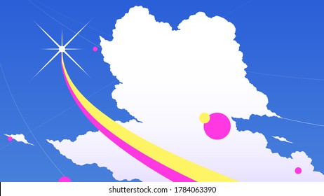 Bright sky with big cloud and contrails lines with geometric shapes elements, Flight, space vacation concept illustration, clean anime style