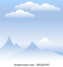 Bright sky and mountains background. Blue and white clouds and mountain on blue sky. Vector, design element