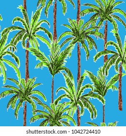 Bright sky and summer paln tree isalnd with colorful leaves seamless pattern vector on ocean blue background for fashion and all pirints 