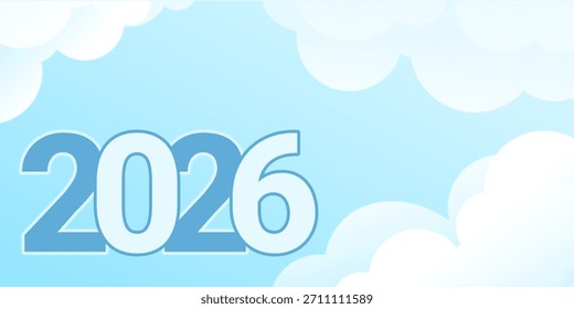 Bright sky-themed design with soft clouds and bold “2026” typography, creating a fresh, uplifting visual atmosphere. New Year 2026 Concept design.