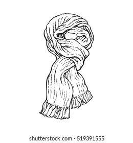 Bright slip knotted winter knitted scarf with tassels, sketch style vector illustrations isolated on white background. Hand drawn fluffy woolen scarf tied in slip knot, winter accessory