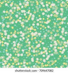 Bright Small Flowers. Seamless Pattern. Subtle Floral Rapport for Textile, Paper, Cloth. Gentle Ornament with Different Blossoms in Fashionable Saturated Colors