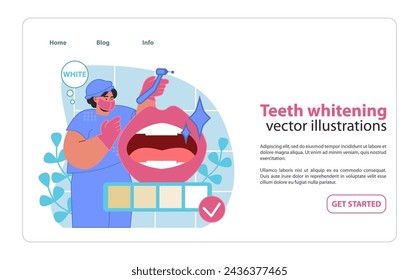 Bright smile confidence boost. Dental care procedure with teeth whitening. Cosmetic dentistry vector scene. Flat design illustration.