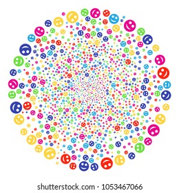 Bright Smile explosion sphere. Vector spheric cluster salute done from scatter smile objects. Multi Colored Vector abstraction.