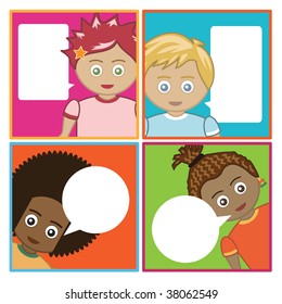 bright smiling children with speech bubbles ready for text