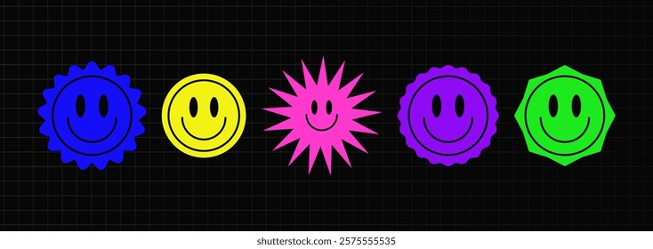 Bright smiling emoji of different shape. y2k colorful design elements in vector.