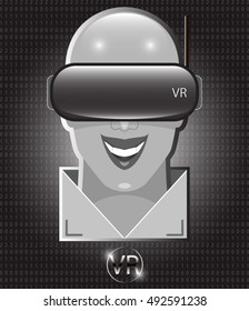 Bright smiling man wearing virtual glasses on a dark background.