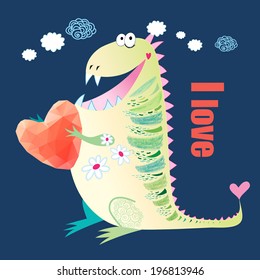 bright smiling monster with heart on a dark background  