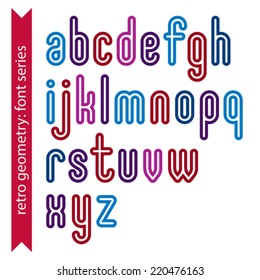Bright smooth retro geometric characters set, colorful vector rounded lowercase letters isolated on white background.