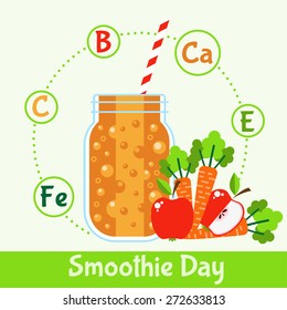 Bright smoothie with fruits and vegetables. Illustration in Flat style. Vitamin cocktail recipe healthy lifestyle. vector