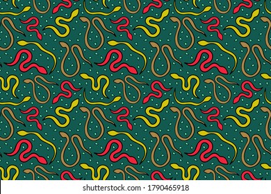 Bright snake vector seamless pattern. Hand drawn repeated reptile illustration for fabric, textile, background, wallpaper, wrapping paper. 