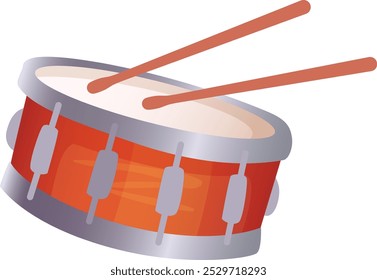 A bright snare drum rests on a surface with two wooden drumsticks on top ready for use in a vibrant musical session taking place in a sunny studio environment.