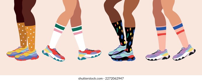 Bright sneakers and legs. Girls in colorful sneakers and socks.Hand drawn fashion illustration of legs and shoes. Women's legs. Web banner design in bright colors. Modern poster.