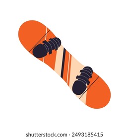 Bright snowboard with strap in icon. Wooden board for riding on snow mountains, rocks. Skiing equipment. Tool, accessory for winter extreme sport. Flat isolated vector illustration on white background