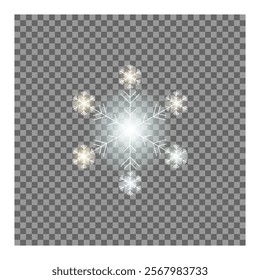 Bright snowflake on a transparent vector background.