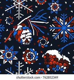 Bright snowflakes and stars, winter pattern design.