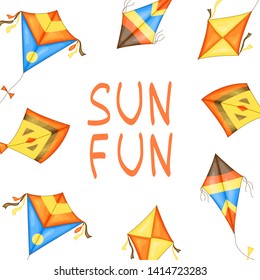 Bright soaring kites and the inscription "Sun fun".