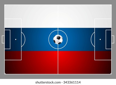 Bright soccer background with ball. Russian colors football field. Vector design