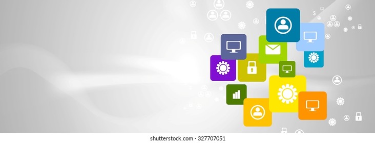 Bright social communication icons on grey waves. Vector corporate design