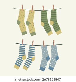 Calcetines brillantes secándose en una Ilustración vectorial de cuerda