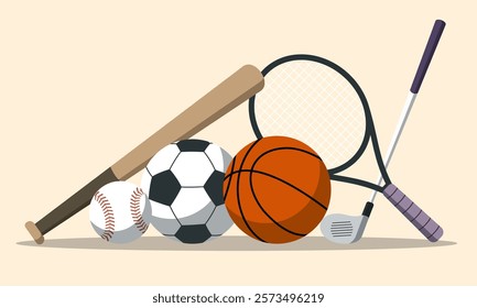 bright and soft colored sports equipment in a flat style