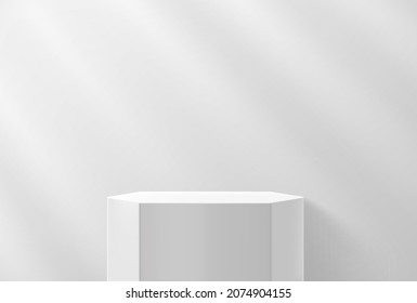 Bright soft interior with empty pedestal and sun flare effect. Realistic 3d style vector illustration 