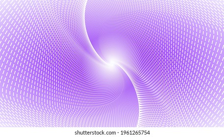 Bright solar flash of light on a beautiful blue purple white background geometric figure from many smooth lines dots moving to the center of the screen