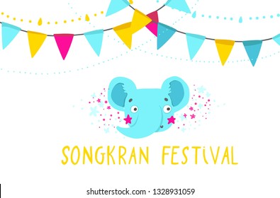 Bright Songkran Festival in Thailand of April, hand drawn lettering, Elephant splashing water. Thai new year national holiday. Vector illustration