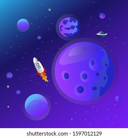 Bright space cartoon  vector illustration with planets, rocket.