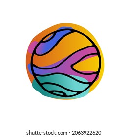 Bright space doodle sticker. Hand-drawn Planet isolated on white background. Gradient pink, blue, orange neon color astronomical object. Astronomy, astrology symbol. Vector science cute illustration