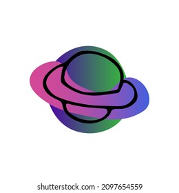 Etiqueta del doodle en el espacio luminoso. El planeta Saturno dibujado a mano aislado en un fondo blanco. Objeto astronómico de color rosa gradiente, azul, neón verde. Astronomía, símbolo de astrología. Ilustración de la ciencia del vector