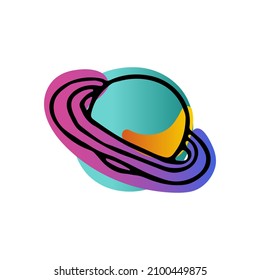 Bright space doodle sticker. Hand-drawn Planet Saturn isolated on white background. Gradient pink, blue, green neon color astronomical object. Astronomy, astrology symbol. Vector science illustration