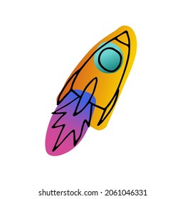 Bright space doodle sticker. Rocket isolated on white background. Gradient pink, orange, blue neon color astronomical object. Spaceship symbol of travel, education. Vector science cute illustration