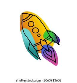 Helle Leerlaufdoodle-Aufkleber. Rakete einzeln auf weißem Hintergrund. Farbiges violettes, orangefarbenes, blaues neonfarbenes astronomisches Objekt. Raumfahrtsymbol für Reisen, Bildung. Vektorwissenschaftliche süße Illustration