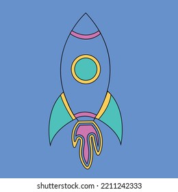 Bright space doodle sticker. Rocket isolated on white background. Gradient pink, orange, blue neon color astronomical object. Spaceship symbol of travel, education. Vector science cute illustration