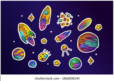 Bright space doodle sticker set. Planets, rockets, stars, comets, asteroid on dark purple background. Gradient pink, orange, green trend color astronomical objects. Vector childrens cute illustration