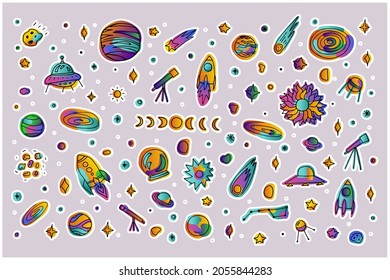 Bright space doodle sticker set. Planets, rockets, stars, comets, asteroids on light purple background. Gradient pink, orange, green neon color astronomical objects. Vector science cute illustration