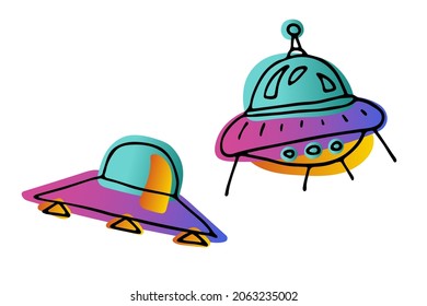 Bright space doodle sticker set. Flying saucers isolated on white background. Gradient pink, orange, blue neon color astronomical objects. UFO, Spaceships sketch sign. Vector science cute illustration