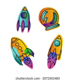 Bright space doodle sticker set. Rocket isolated on white background. Gradient purple, orange, blue neon color astronomical object. Spaceship symbol of travel, education. Vector science illustration