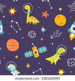 Patrón de espacio luminoso con astronautas adorables. Impresión cósmica vectorial sin foco con dinosaurios para niños.