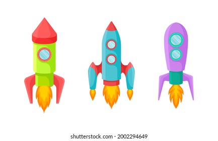 Bright Space Rocket Launching or Starting Up Vector Set