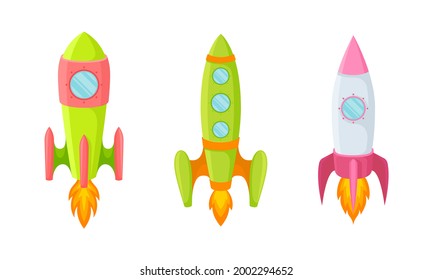 Bright Space Rocket Launching or Starting Up Vector Set