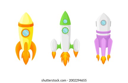 Bright Space Rocket Launching or Starting Up Vector Set