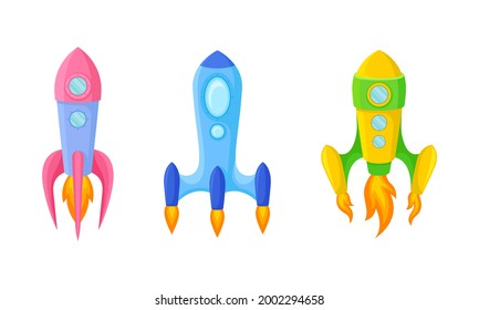 Bright Space Rocket Launching or Starting Up Vector Set