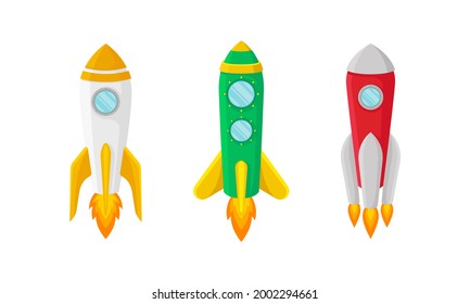 Bright Space Rocket Launching or Starting Up Vector Set