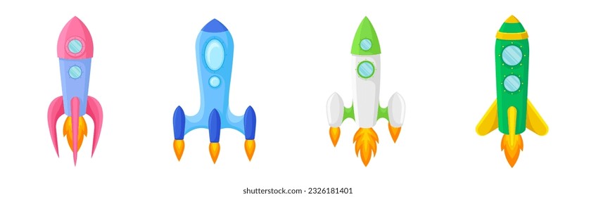 Bright Space Rocket Launching or Starting Up Vector Set