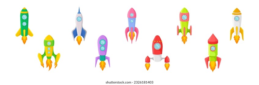 Bright Space Rocket Launching or Starting Up Vector Set