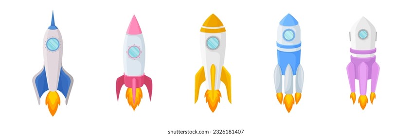 Juego de vectores de lanzamiento o arranque de cohete espacial brillante