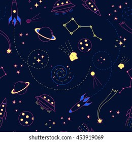 Bright space seamless pattern with thin line elements