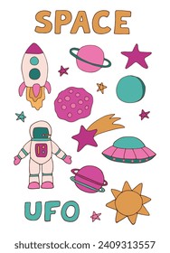 Bright space set. Collection of space vectors. Galaxy, fantasy, doodle. Set of space stickers isolated on white background. Vector illustration